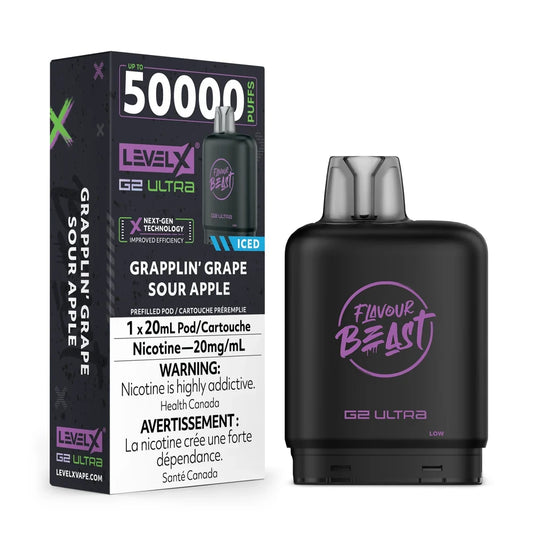 A Level X G2 Ultra Grapplin’ Grape Sour Apple iced vape pod sits next to its black and purple packaging, which displays the 50,000 puff count, nicotine concentration, and health warnings on a plain white background.