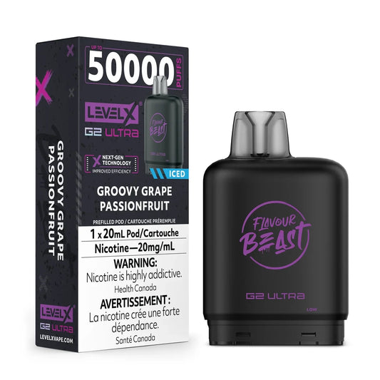 A Level X G2 Ultra Groovy Grape Passionfruit Iced prefilled vape pod stands next to its black and purple retail box, which displays the 50,000 puff capacity, nicotine concentration, and health warning text.