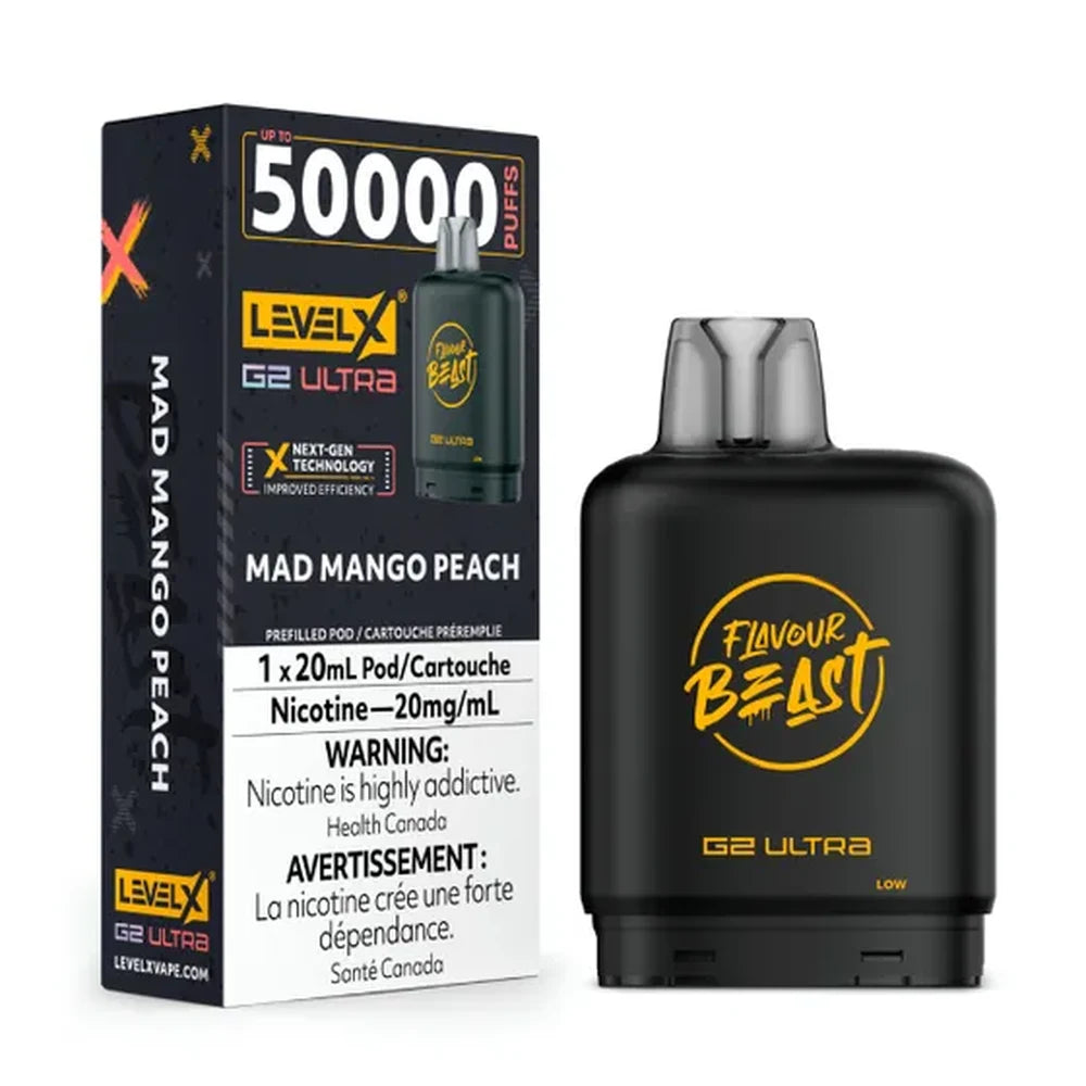 Level X G2 Ultra Mad Mango Peach vape pod in matte black with a yellow Fl