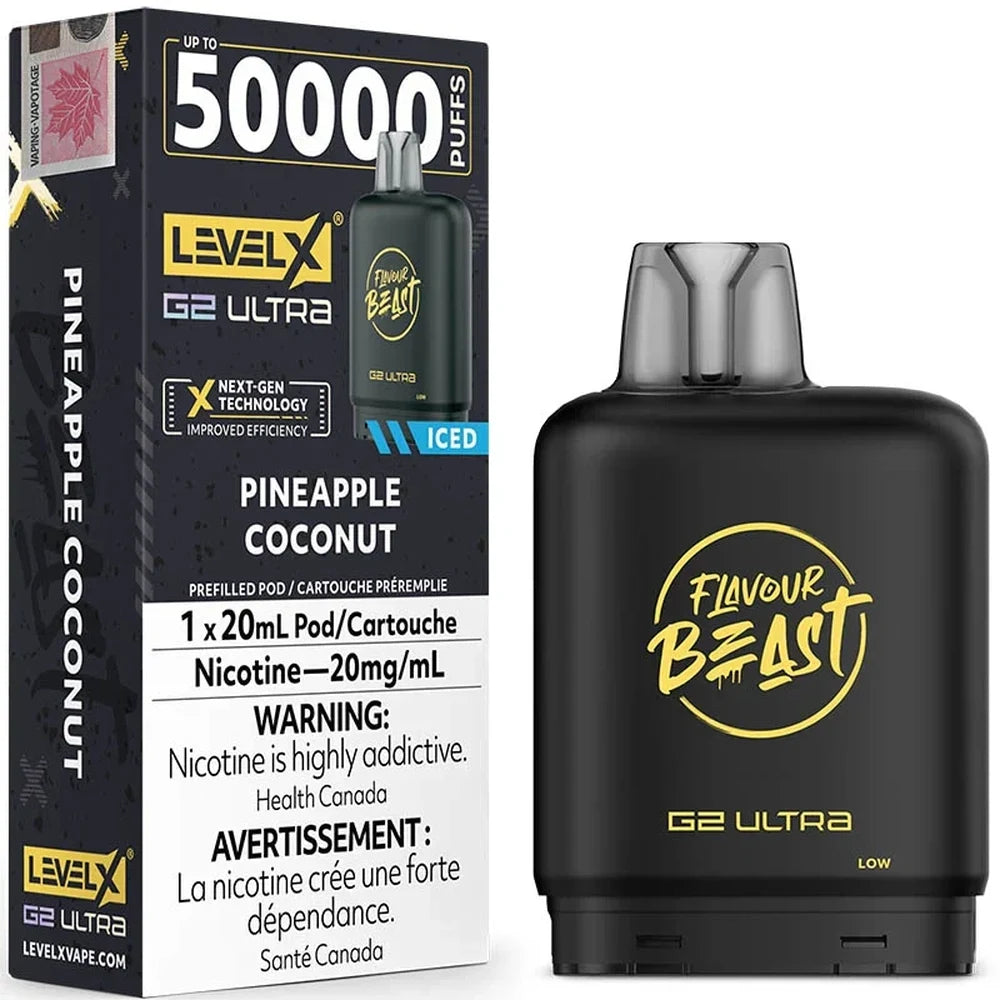 Level X G2 Ultra Pineapple Coconut Iced vape pod shown next to its black packaging box