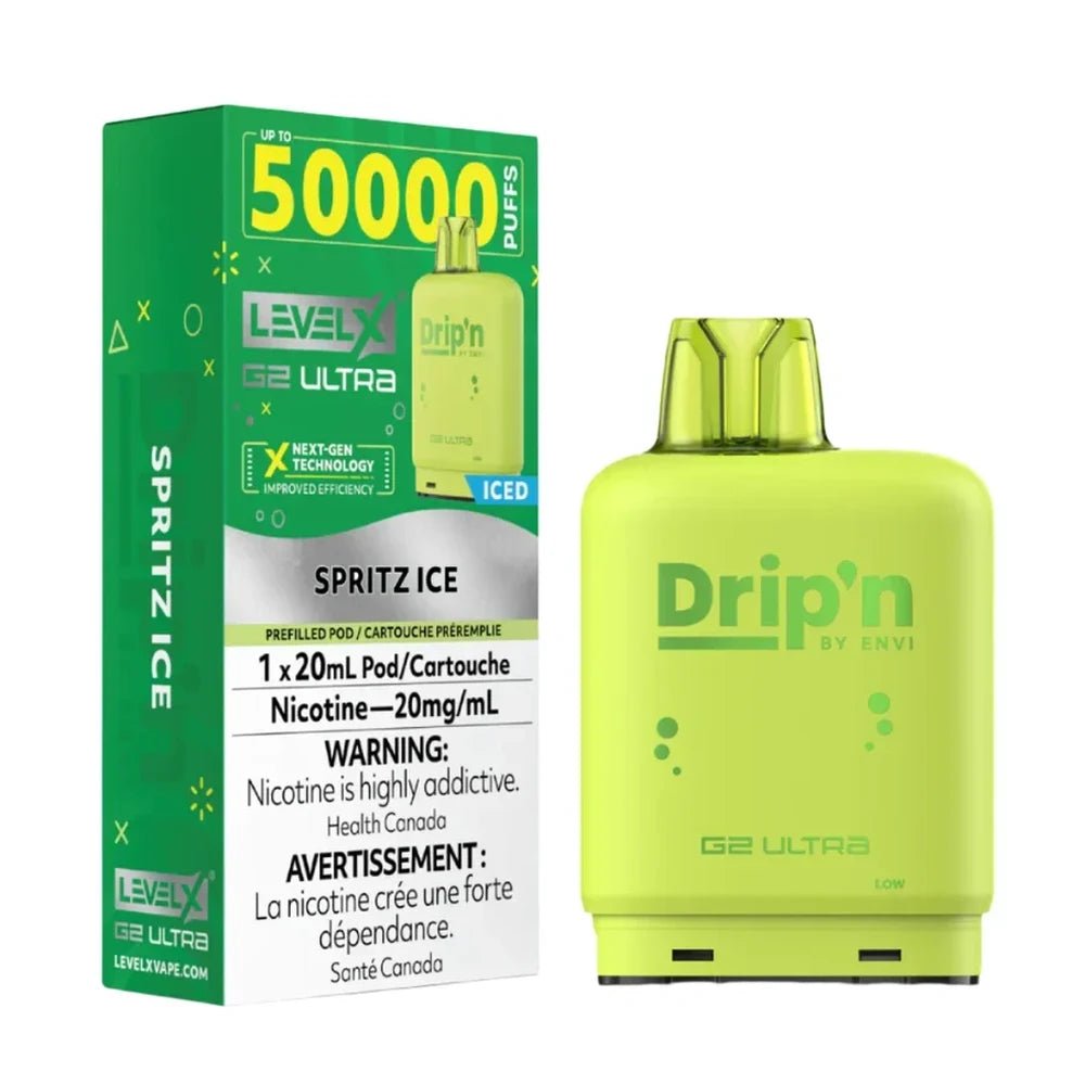 Level X G2 Ultra Spritz Ice vape pod by Drip'n, featuring a lime green