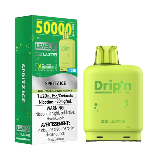 Level X G2 Ultra Spritz Ice vape pod by Drip'n, featuring a lime green