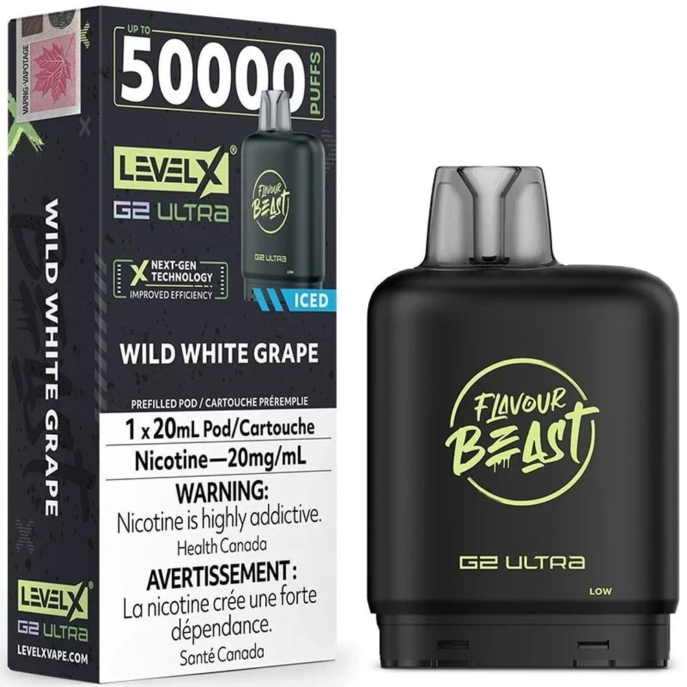 Level X G2 Ultra 50K Wild White Grape vape pod shown next to its black packaging