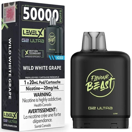 Level X G2 Ultra 50K Wild White Grape vape pod shown next to its black packaging