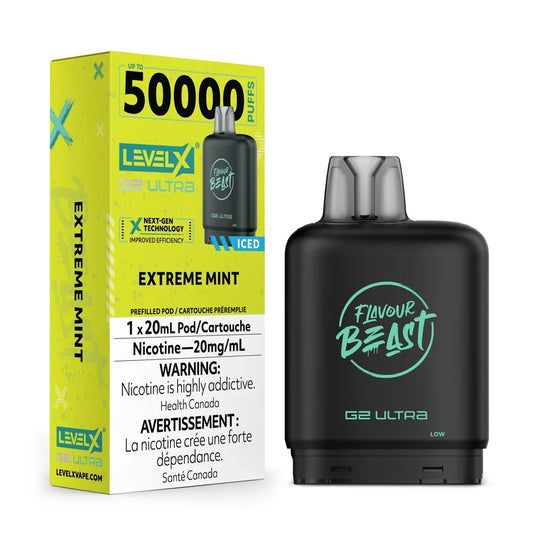 A Level X G2 Ultra Extreme Mint iced vape pod stands next to its bright yellow packaging, which displays the Flavour Beast logo, a 50,000 puff count, and nicotine warning labels in English and French.