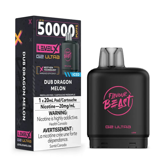 A black Level X G2 Ultra vape pod and its matching rectangular product box are displayed against a plain background, featuring the Dub Dragon Melon flavor name, a 50,000 puff count, and prominent nicotine warning labels in both English and French.