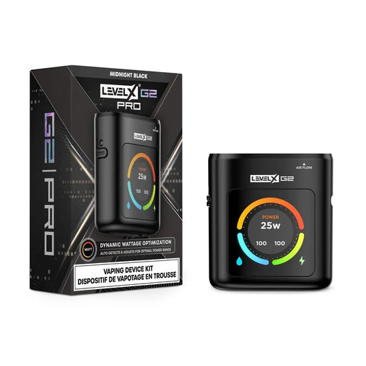 The Level X Pro G2 Device Kit in Midnight Black featuring a matte black vaping device with a circular digital display showing 25w power alongside its retail packaging.