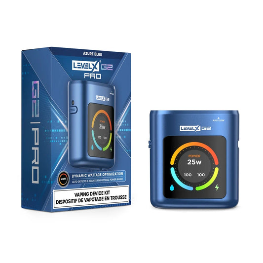 Level X Pro G2 Device Kit in Azure Blue shown next to its product packaging, featuring a metallic blue vaping device with a digital display screen showing 25W power settings and battery levels.