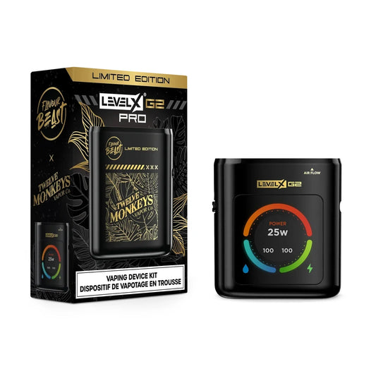The Level X Pro G2 Device Kit 1000 Gloss Black Limited Edition featuring a black vaping device with a digital display showing 25w power next to its black and gold Twelve Monkeys branded packaging.