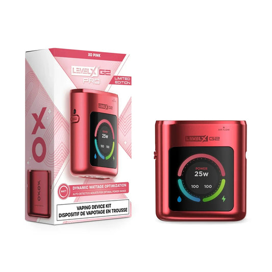 The Level X Pro G2 Device Kit in XO Pink limited edition features a metallic pink vaping device with a digital display screen next to its white and pink retail packaging.