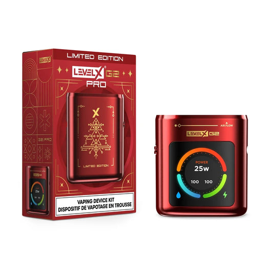 Level X Pro G2 Device Kit 1000 Winter Red Limited Edition featuring a metallic red vaping device with a digital power display next to its matching decorative red and gold box.