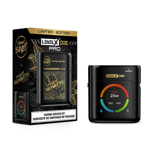 A Level X Pro G2 limited edition vaping device kit in gloss black is displayed next to its matching branded packaging, which features gold botanical illustrations and Twelve Monkeys Vapor Co. branding.