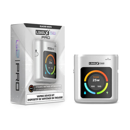 A Level X Pro G2 vaping device kit in Glacier White is displayed next to its product packaging, featuring a silver metallic finish and a digital display screen showing power settings and battery levels.