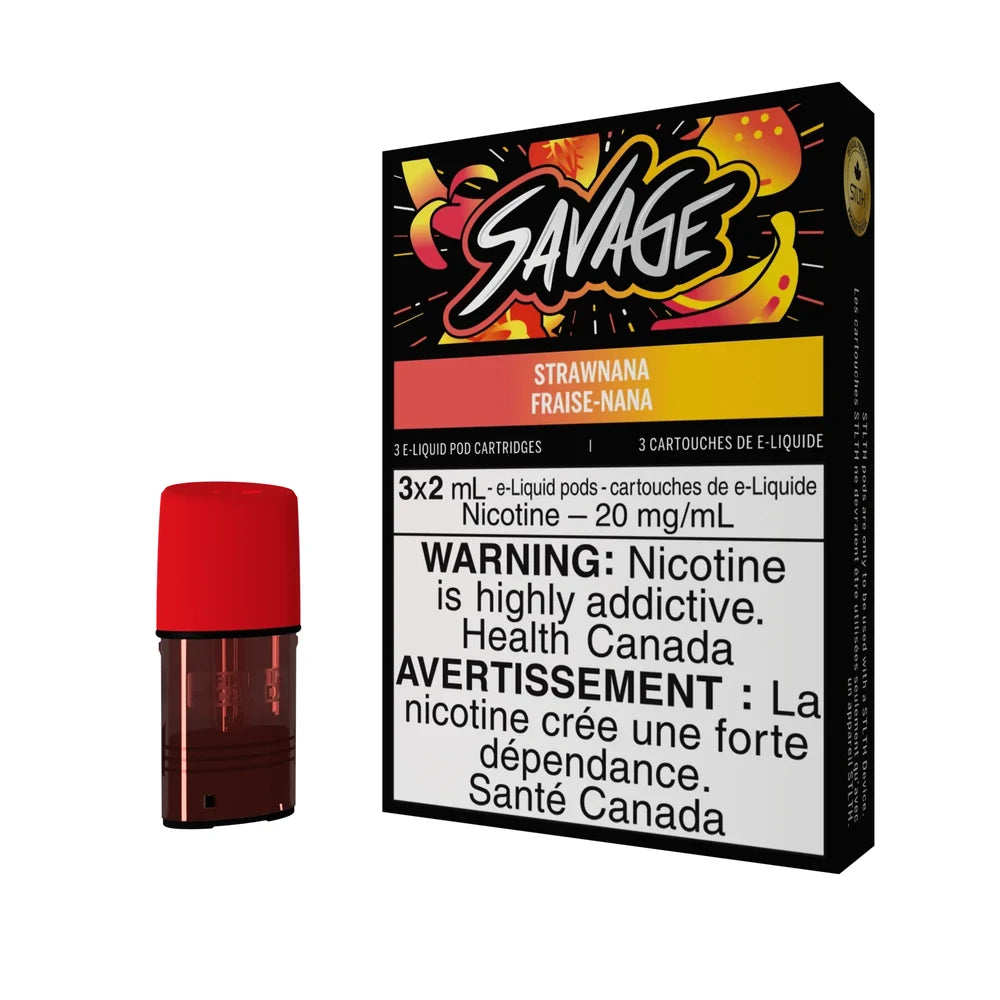 A single red STLTH vape pod stands next to a black Savage Strawnana pod pack featuring vibrant fruit graphics and a nicotine warning label.
