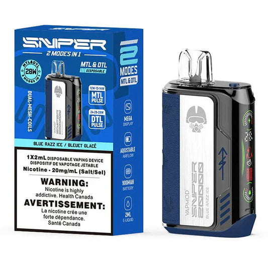 A Vapmod Sniper 20000 Blue Razz Ice disposable vape device with a blue leather-textured grip and digital side display stands next to its blue and white retail packaging.