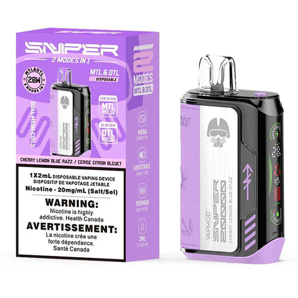Sniper 20K Cherry Lemon Blue Razz disposable vape device featuring a purple textured grip and black metallic body alongside its matching purple retail packaging.