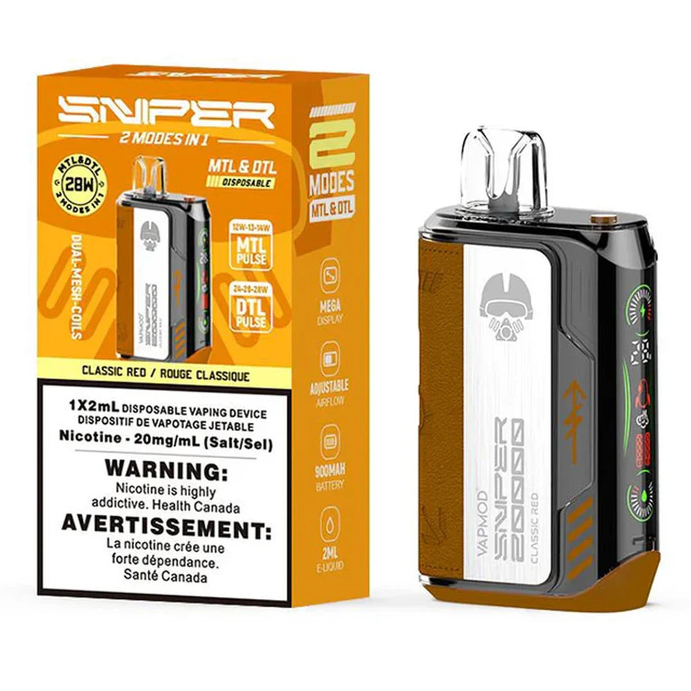 A Sniper 20000 Classic Red disposable vape device with a clear mouthpiece and digital side display stands next to its orange and white retail packaging.