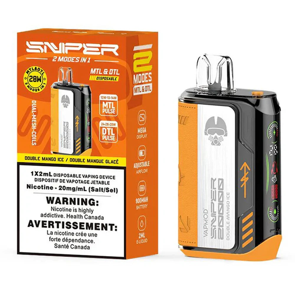 A Sniper 20K Double Mango Ice disposable vape device with an orange textured grip and digital display stands next to its orange and white retail packaging.