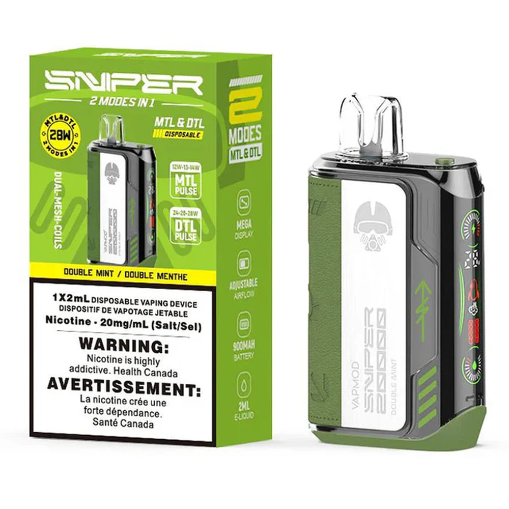 Sniper 20K Double Mint disposable vape device featuring a green and black textured body with a digital display screen, shown next to its lime green retail packaging.
