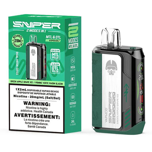 Sniper 20K Green Apple Grape Ice disposable vape featuring a dark green textured grip, a clear mouthpiece, and a digital side display, shown next to its matching green and white retail packaging.