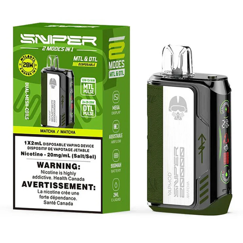 A Vapmod Sniper 20000 Matcha disposable vape device with a green textured grip and digital side display stands next to its green and white retail packaging.