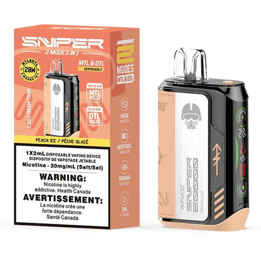 A Vapmod Sniper 20000 Peach Ice disposable vape device with a clear mouthpiece and digital display stands next to its peach-colored retail packaging.