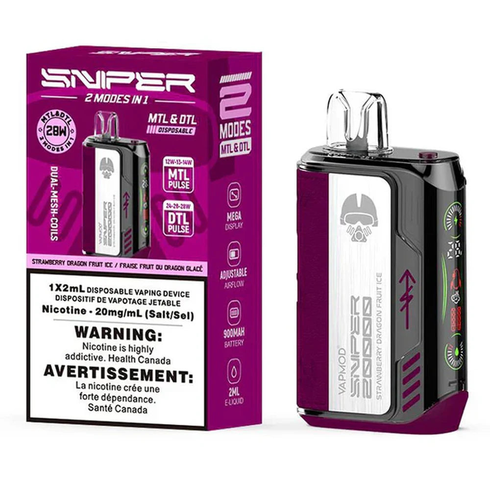 A Sniper 20K Strawberry Dragonfruit Ice disposable vape device with a purple textured grip and digital display screen stands next to its purple and white retail packaging.