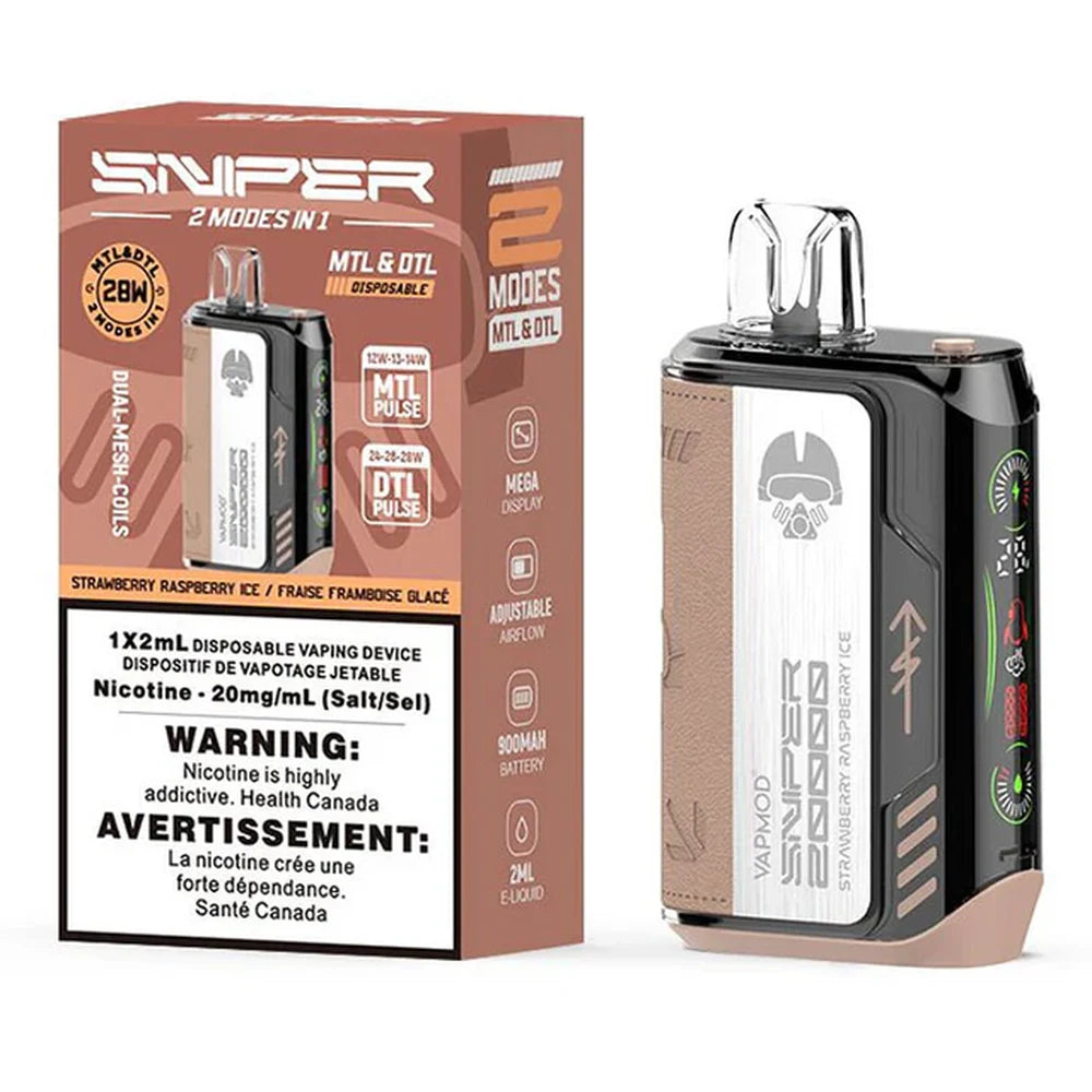 Sniper 20000 Strawberry Raspberry Ice disposable vape featuring a tan leather-textured grip and digital display screen next to its matching brown and white retail packaging.