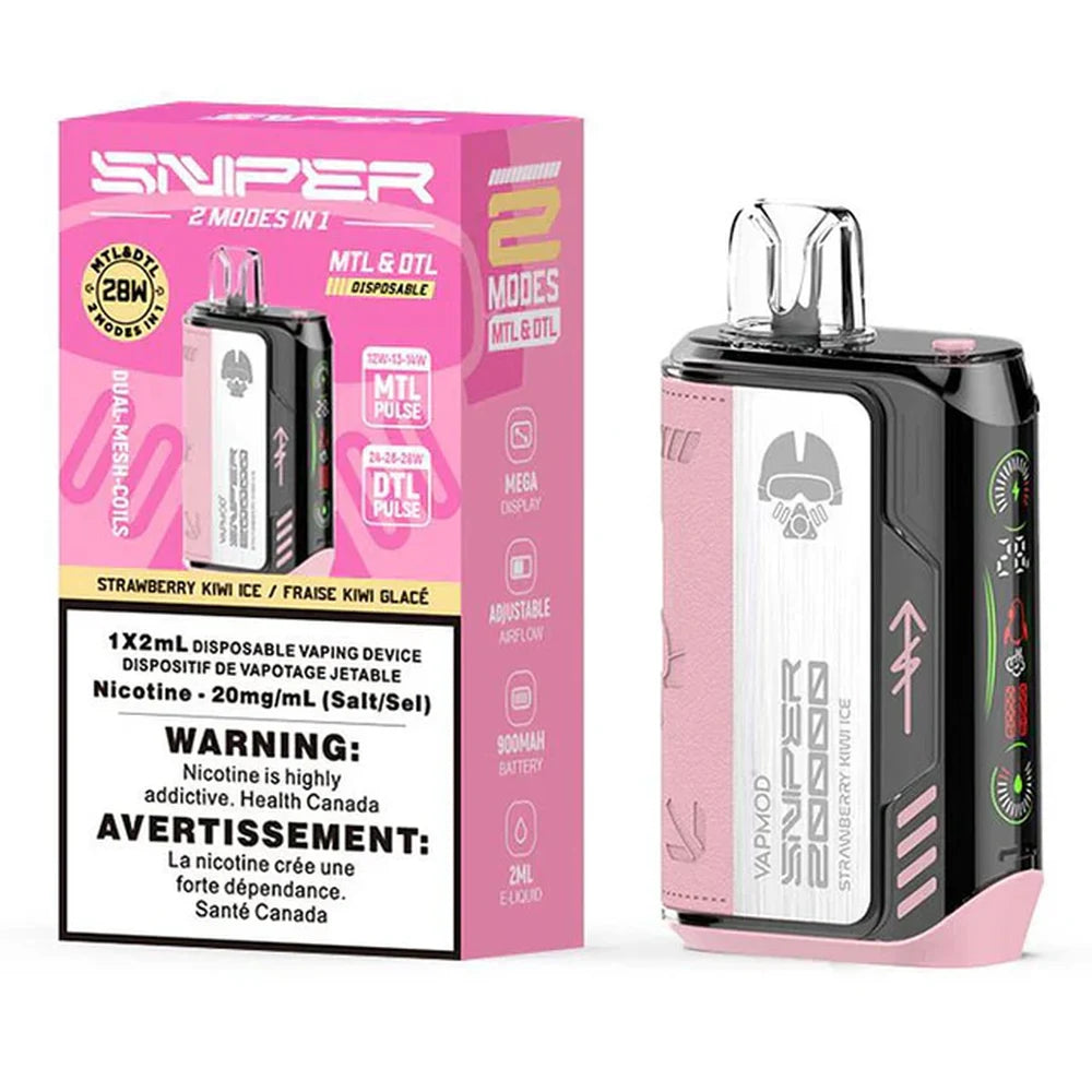Sniper 20K Strawberry Kiwi Ice disposable vape device with a pink leather-textured grip and digital display screen next to its pink and white retail packaging.