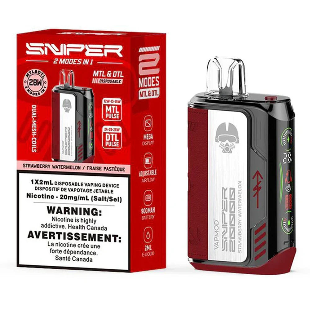 A Sniper 20000 Strawberry Watermelon disposable vape device with a red leather-textured grip and digital display screen stands next to its red and white retail packaging.