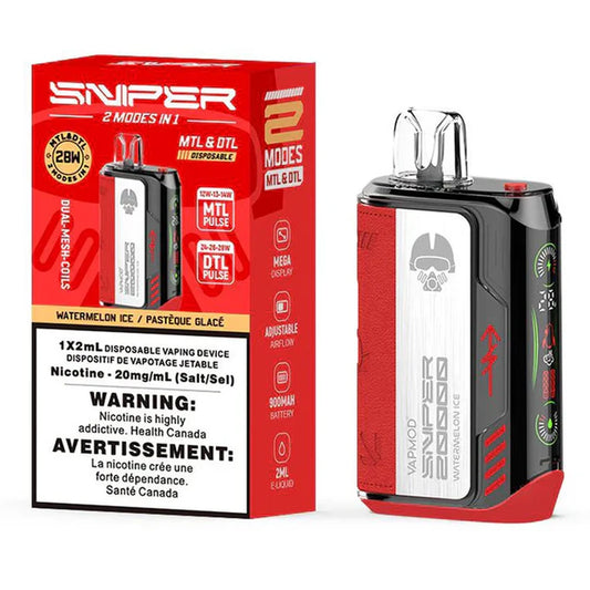 Sniper 20000 Watermelon Ice disposable vape device with a red and black textured body and clear mouthpiece, shown next to its red retail packaging.