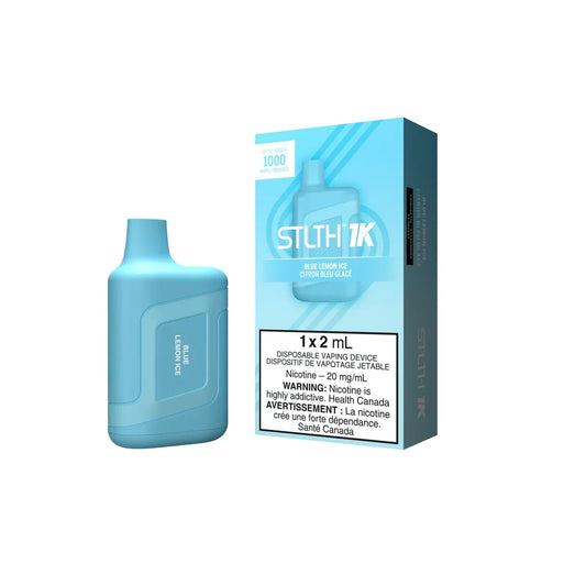 STLTH 1K Blue Lemon Ice disposable vape device and its light blue packaging featuring 1000 puffs branding and a nicotine warning label.