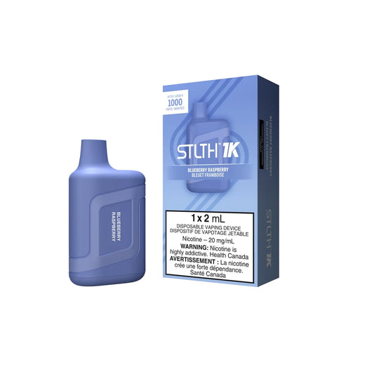 STLTH 1K Blueberry Raspberry disposable vape device and its blue packaging featuring 1000 puffs and 20 mg/mL nicotine warning labels.