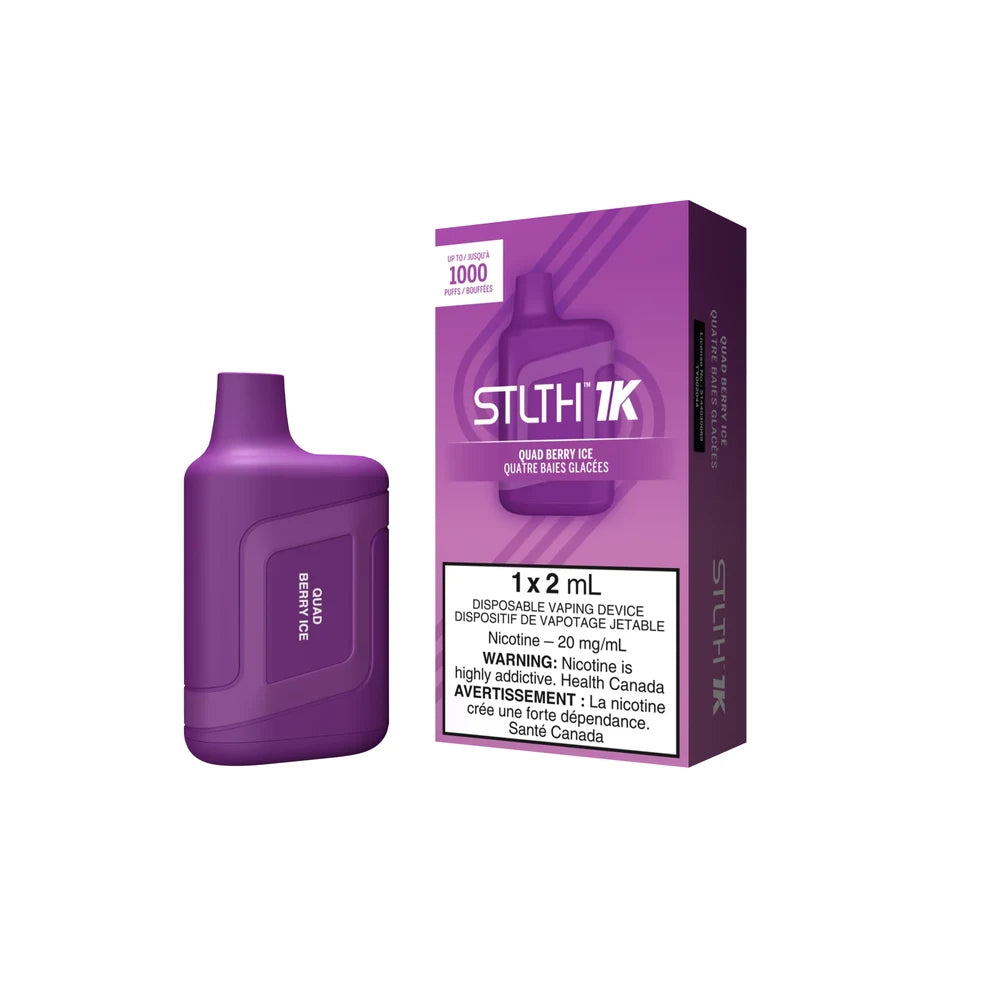 STLTH 1K Quad Berry Ice disposable vape device and its purple packaging featuring 1000 puffs and 20 mg/mL nicotine warning labels against a black background.