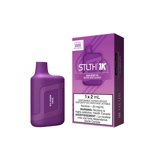 STLTH 1K Quad Berry Ice disposable vape device and its purple packaging featuring 1000 puffs and 20 mg/mL nicotine warning labels against a black background.