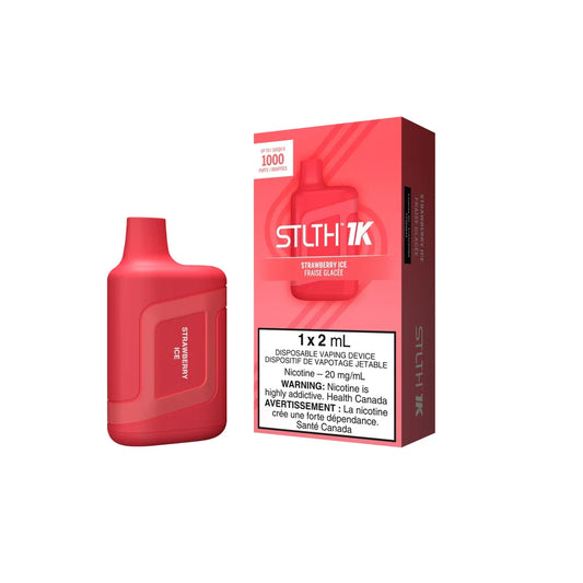STLTH 1K Strawberry Ice disposable vape device and its pink packaging featuring 1000 puffs and 20 mg/mL nicotine warning labels on a black background.