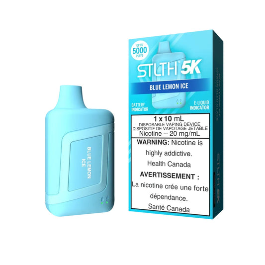 STLTH 5K Blue Lemon Ice disposable vape device and its light blue packaging featuring product details and a nicotine warning label.