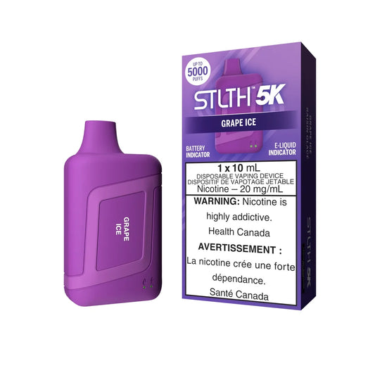 STLTH 5K Grape Ice disposable vape device and its purple packaging featuring 5000 puffs and 20 mg/mL nicotine labels.