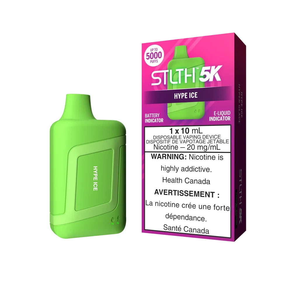 A lime green STLTH 5K Hype Ice disposable vape device stands next to its pink and purple retail packaging featuring a nicotine health warning and product specifications.
