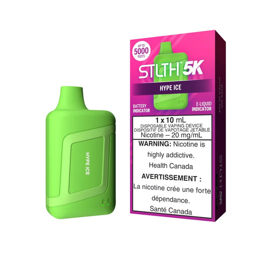 A lime green STLTH 5K Hype Ice disposable vape device stands next to its pink and purple retail packaging featuring a nicotine health warning and product specifications.