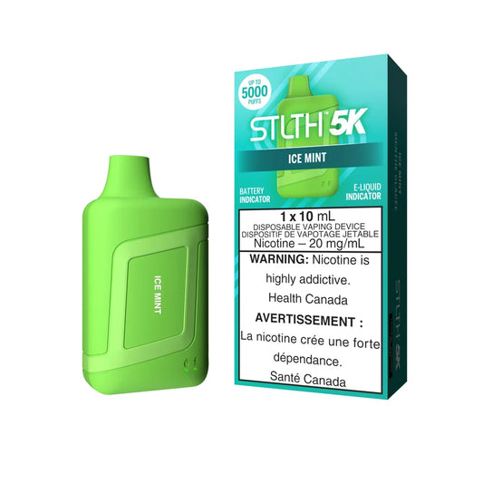A lime green STLTH 5K Ice Mint disposable vape device stands next to its teal and white packaging, which displays the product name, 5000 puffs count, and a nicotine health warning.