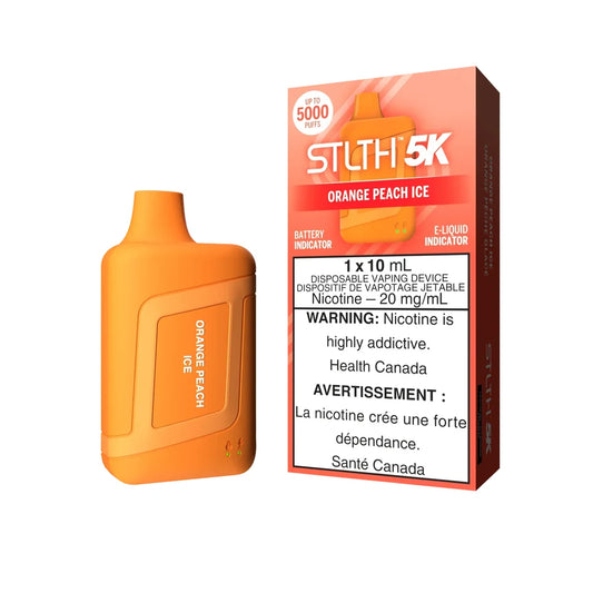 STLTH 5K Orange Peach Ice disposable vape device and its orange packaging featuring product details and a nicotine health warning.