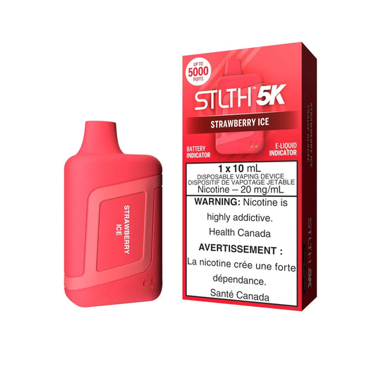 STLTH 5K Strawberry Ice disposable vape device and its red packaging featuring product details and a nicotine warning label.