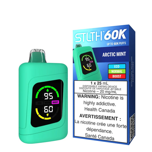 STLTH 60K Arctic Mint disposable vape featuring a mint green device with a digital display next to its blue and white retail packaging.