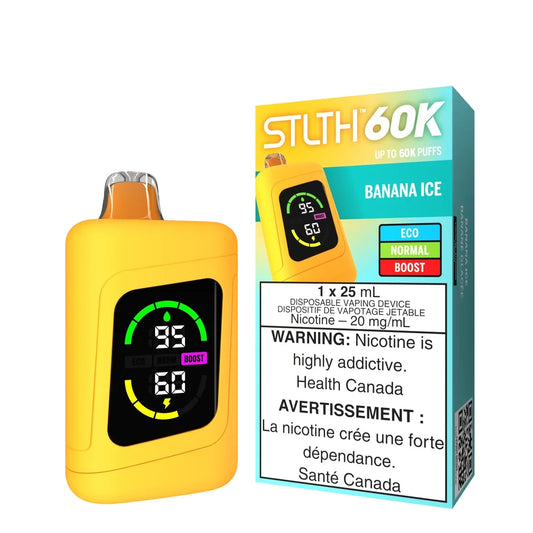 STLTH 60K Banana Ice disposable vape featuring a yellow device with a digital display screen next to its teal and yellow retail packaging.