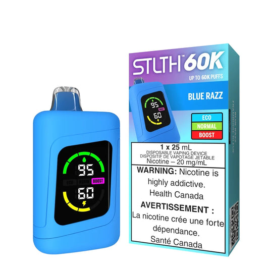 STLTH 60K Blue Razz disposable vape device and its retail packaging featuring a digital screen with battery and liquid indicators.