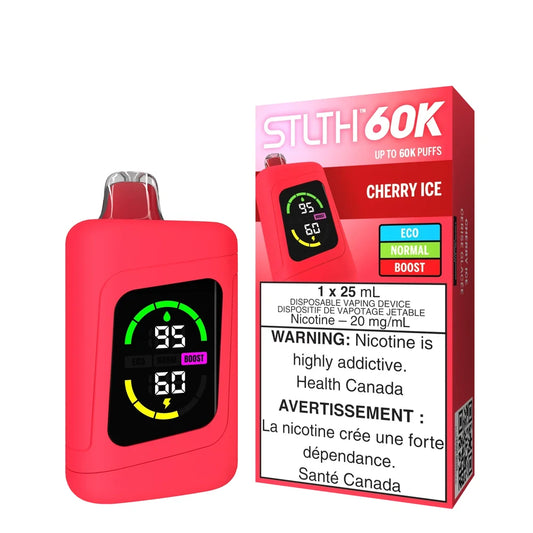 STLTH 60K Cherry Ice disposable vape device in bright red with a digital display screen next to its matching red and white packaging.