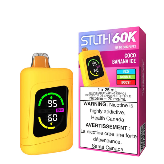 STLTH 60K Coco Banana Ice disposable vape featuring a yellow handheld device with a digital display screen next to its pink and purple retail packaging.