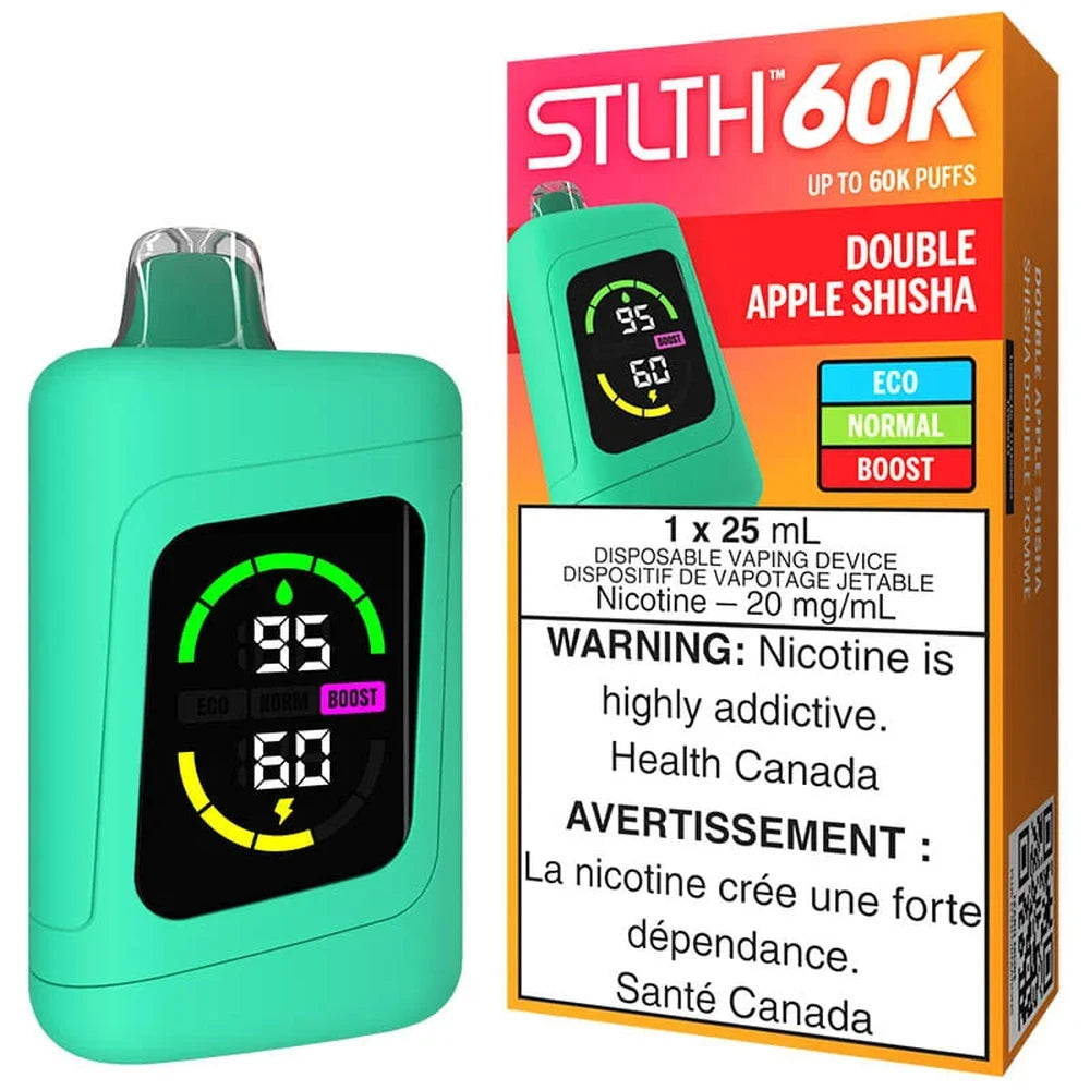 STLTH 60K Double Apple Shisha disposable vape device in mint green stands next to its orange