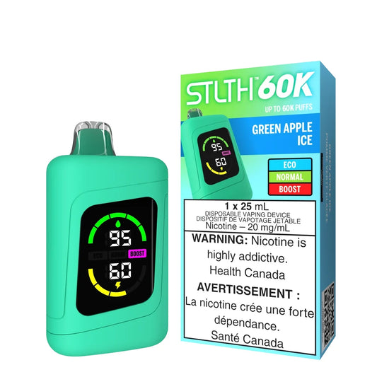 STLTH 60K Green Apple Ice disposable vape featuring a bright green device with a digital display screen next to its matching blue and green retail packaging.